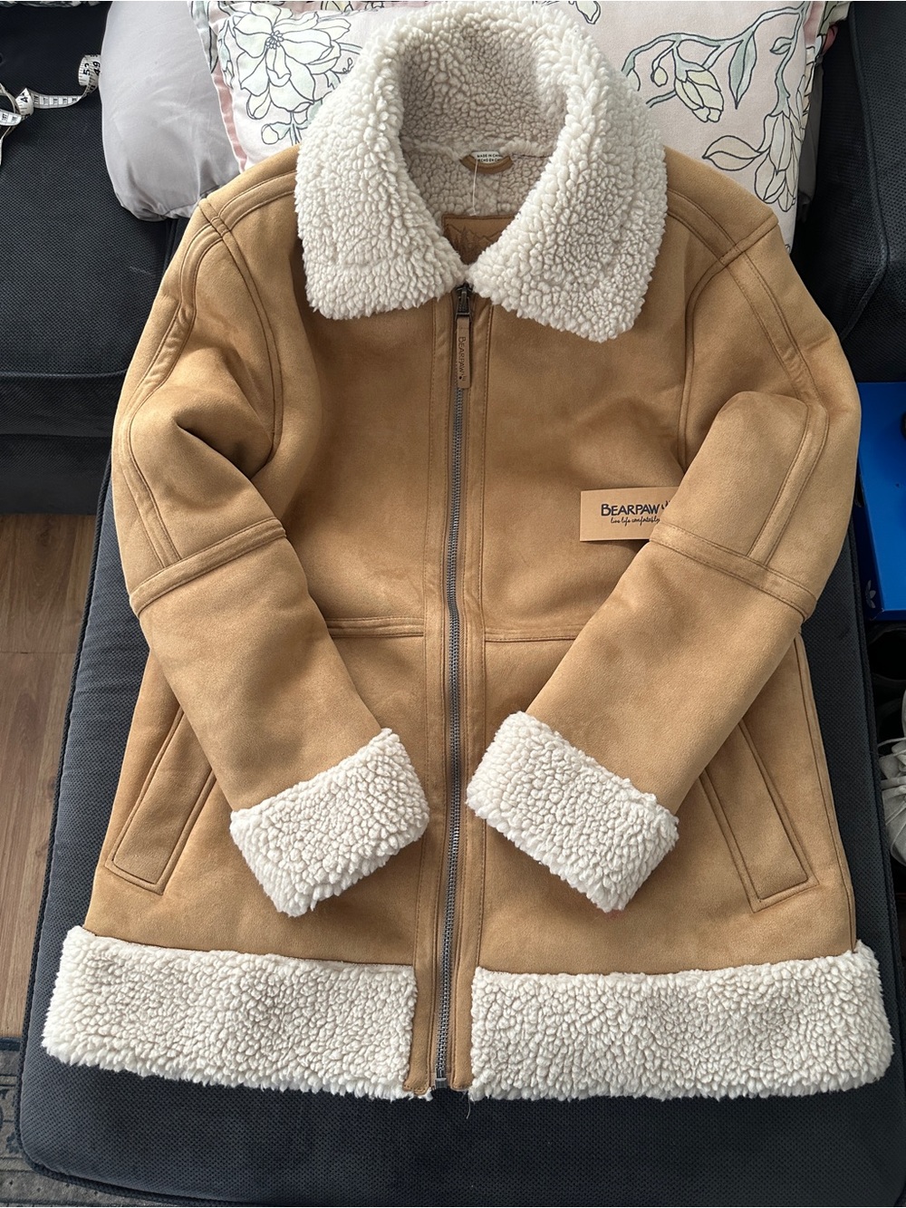 NWT: Bearpaw Women's Tan Sherpa-Trim Suede Jacket size large